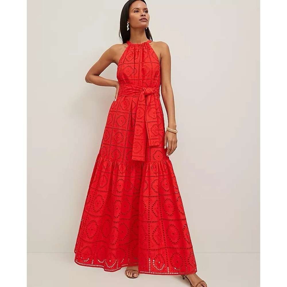 NWOT ANN TAYLOR FIERY RED EYELET HALTER FLARE MAXI DRESS SZ MP $198